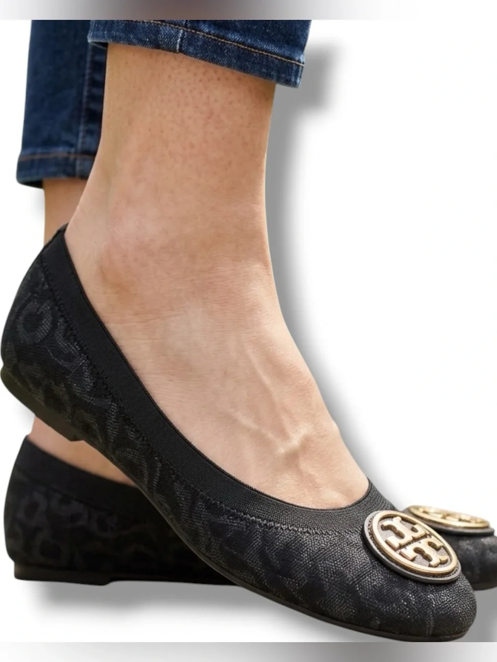 Tory Burch Caroline Fabric Scrunch Ballet Flats Metallic Leopard Black 6.5M